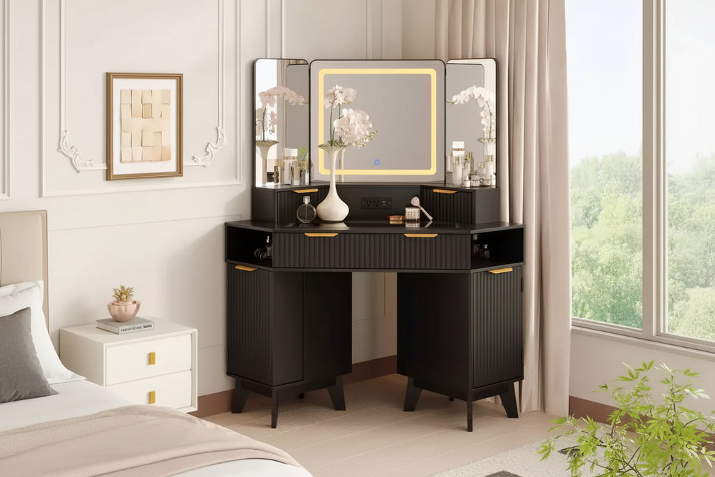 48 Fluted Makeup Vanity, Corner Vanity Desk with 3 Mirrors, Tempered Glass Top, 3 Drawers, 2 Cabinets & 2 Shelf Rack for Bedroom, Dressing Room