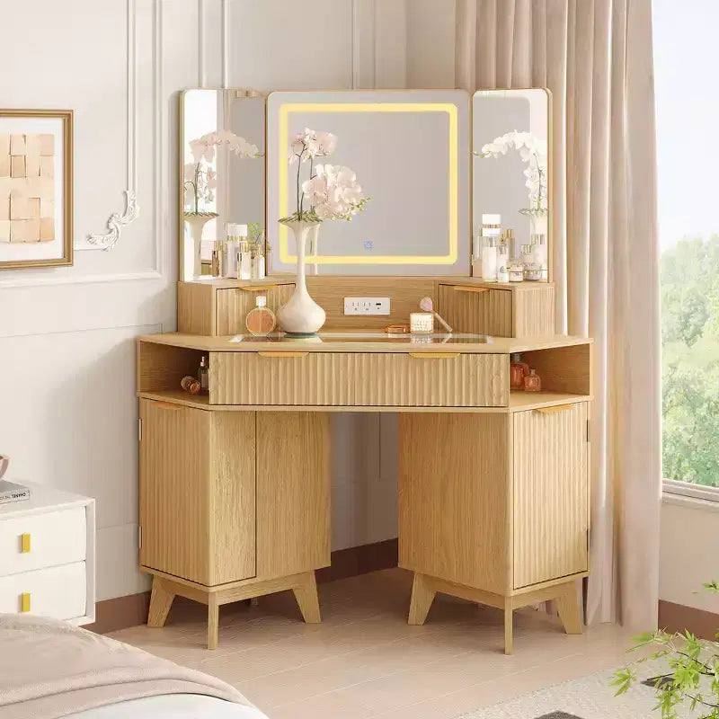 Coiffeuse d'angle cannelée de 48 pouces avec 3 miroirs, plateau en verre trempé, 3 tiroirs, 2 armoires et 2 étagères pour chambre à coucher ou dressing