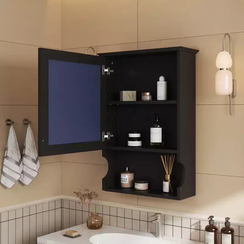 Meuble de salle de bain mural 50 cm avec miroir et porte de rangement - Design en MDF demi-lune