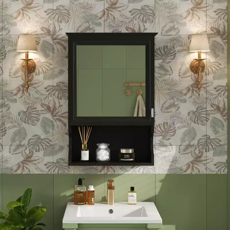 Meuble de salle de bain mural 50 cm avec miroir et porte de rangement - Design en MDF demi-lune