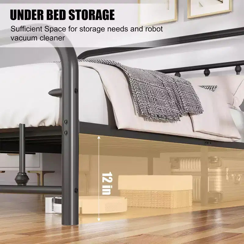 Cadre de lit plateforme double en métal avec tête et pied de lit - Rangement 30 cm, Pas besoin de sommier tapissier