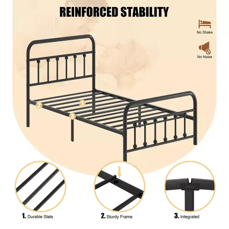 Cadre de lit plateforme double en métal avec tête et pied de lit - Rangement 30 cm, Pas besoin de sommier tapissier