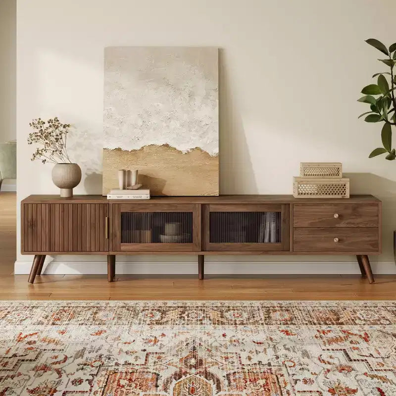 Meuble TV 193 cm aspect bois avec portes en verre et placards de rangement – Convient aux téléviseurs jusqu'à 195 cm