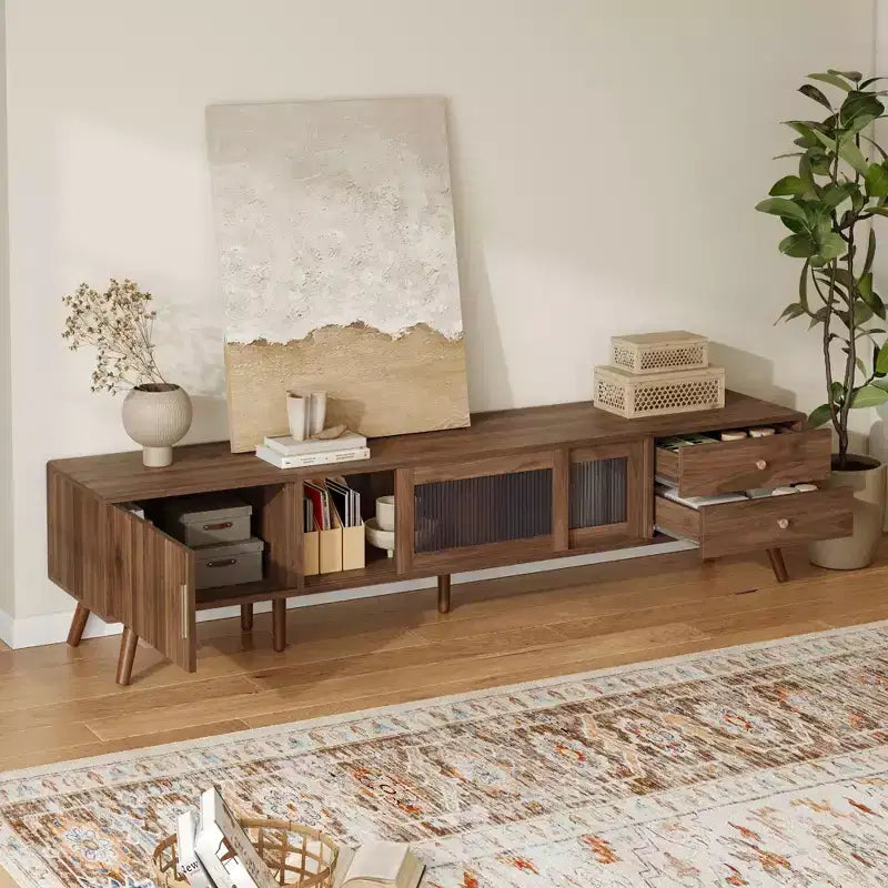 Meuble TV 193 cm aspect bois avec portes en verre et placards de rangement – Convient aux téléviseurs jusqu'à 195 cm