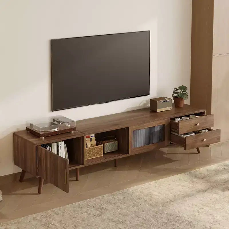 Meuble TV 193 cm aspect bois avec portes en verre et placards de rangement – Convient aux téléviseurs jusqu'à 195 cm