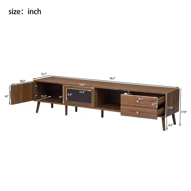Meuble TV 193 cm aspect bois avec portes en verre et placards de rangement – Convient aux téléviseurs jusqu'à 195 cm