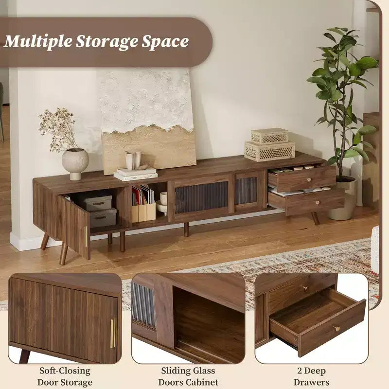 Meuble TV 193 cm aspect bois avec portes en verre et placards de rangement – Convient aux téléviseurs jusqu'à 195 cm