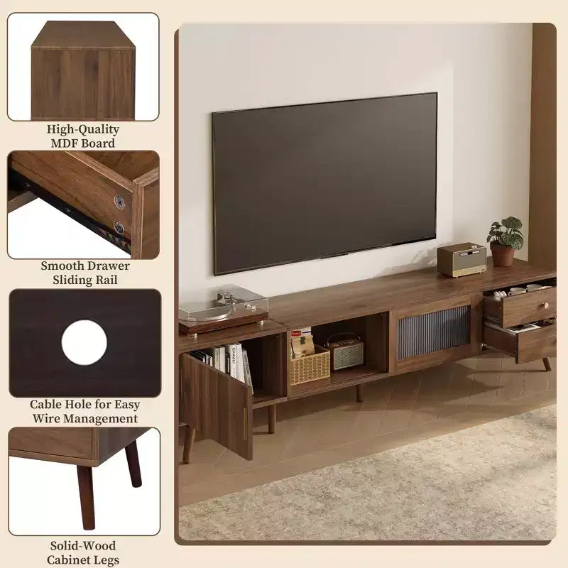 Meuble TV 193 cm aspect bois avec portes en verre et placards de rangement – Convient aux téléviseurs jusqu'à 195 cm
