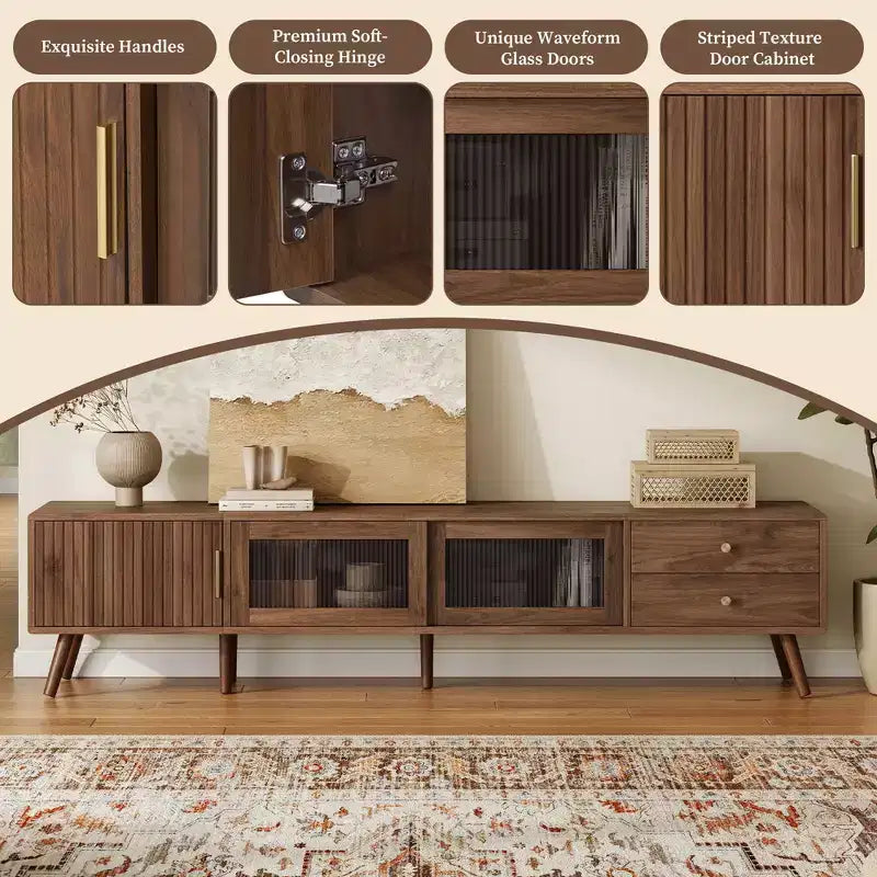 Meuble TV 193 cm aspect bois avec portes en verre et placards de rangement – Convient aux téléviseurs jusqu'à 195 cm
