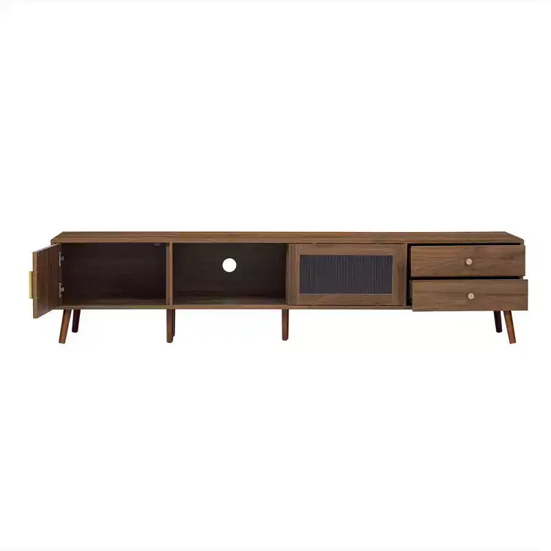 Meuble TV 193 cm aspect bois avec portes en verre et placards de rangement – Convient aux téléviseurs jusqu'à 195 cm