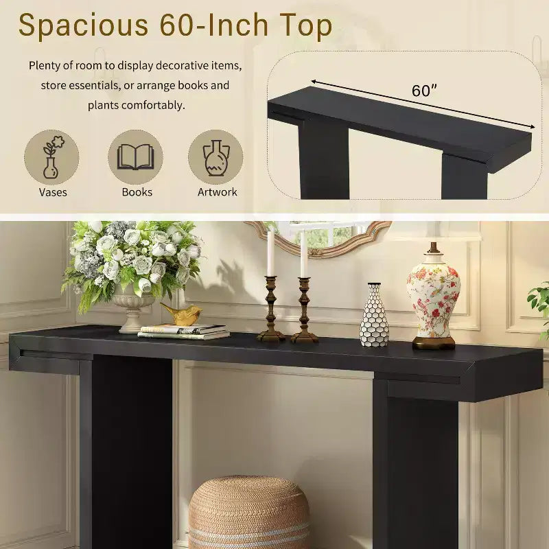 Table console géométrique moderne de 60 po avec pieds réglables - MDF noir, table de canapé d'entrée