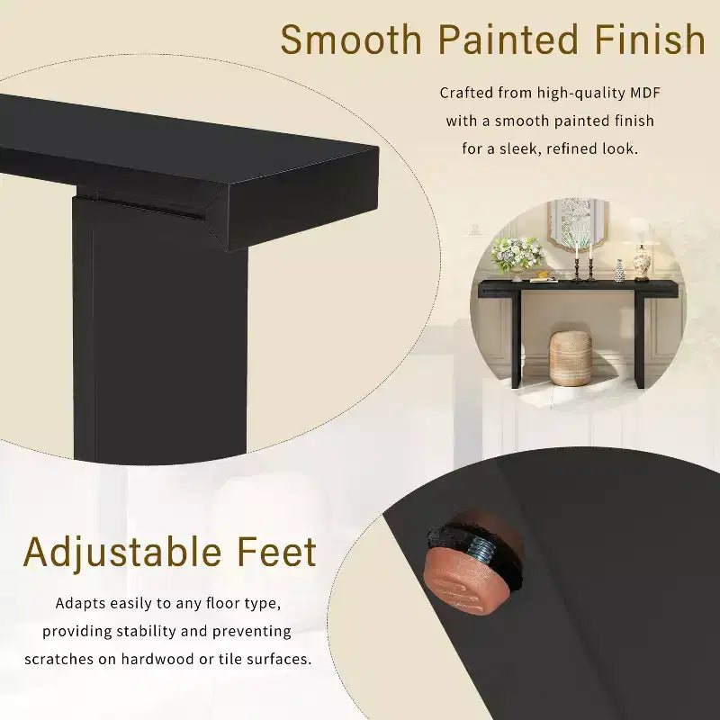Table console géométrique moderne de 60 po avec pieds réglables - MDF noir, table de canapé d'entrée