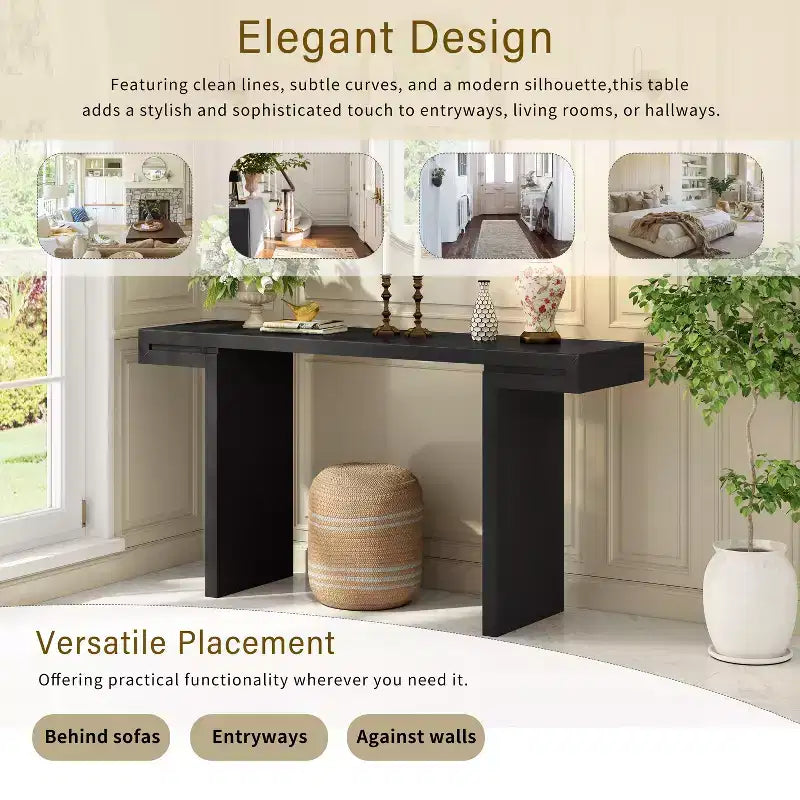 Table console géométrique moderne de 60 po avec pieds réglables - MDF noir, table de canapé d'entrée