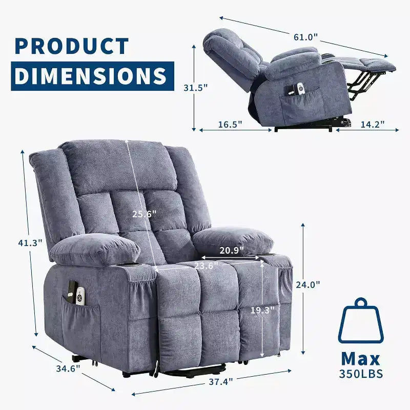 Fauteuil inclinable releveur avec massage, porte-gobelets et poches de rangement - 158 kg