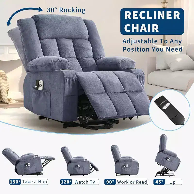 Fauteuil inclinable releveur avec massage, porte-gobelets et poches de rangement - 158 kg
