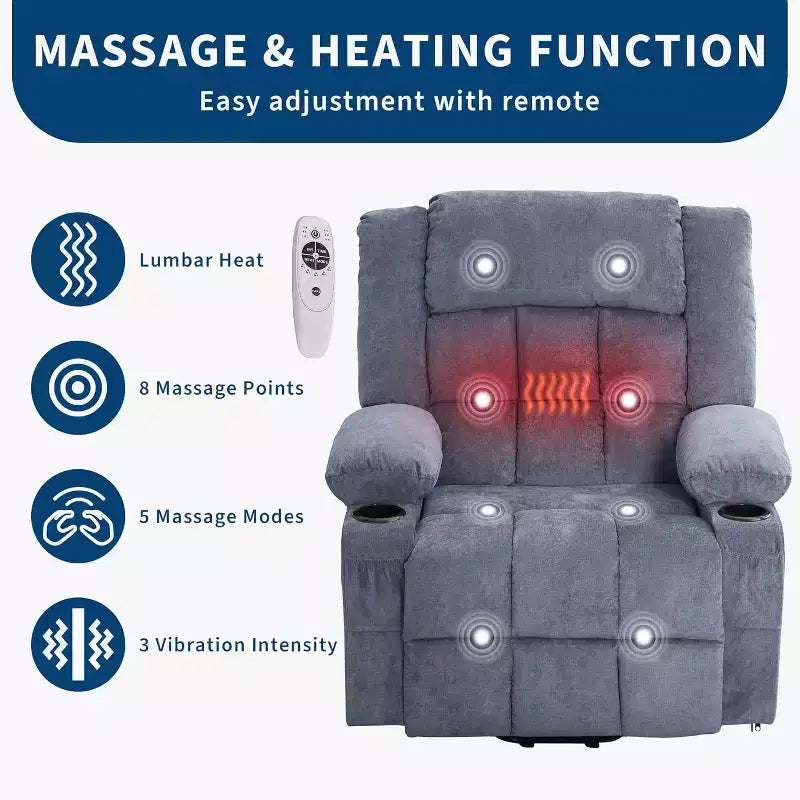 Fauteuil inclinable releveur avec massage, porte-gobelets et poches de rangement - 158 kg