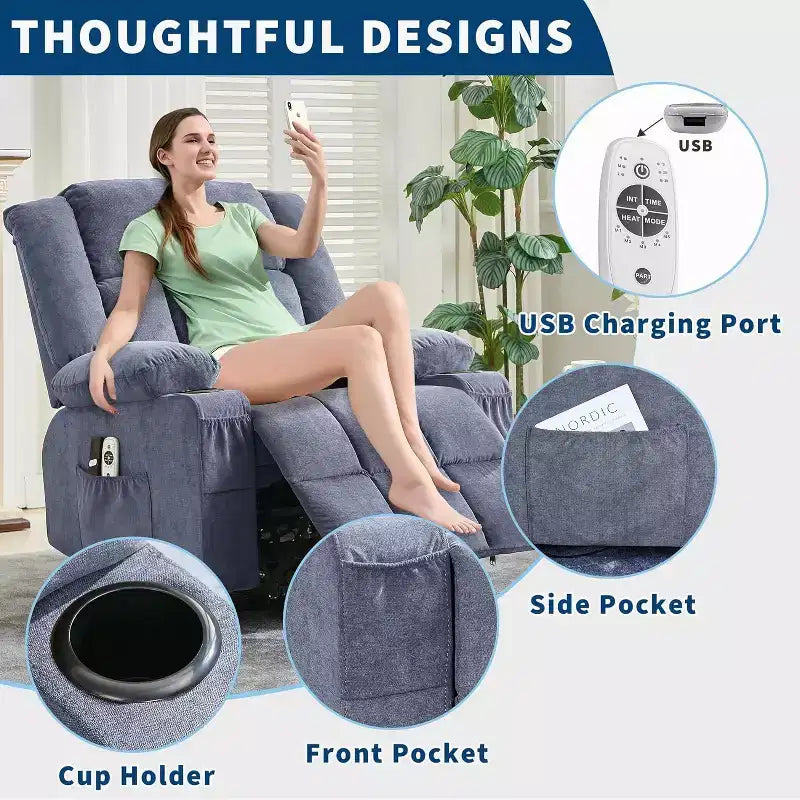 Fauteuil inclinable releveur avec massage, porte-gobelets et poches de rangement - 158 kg
