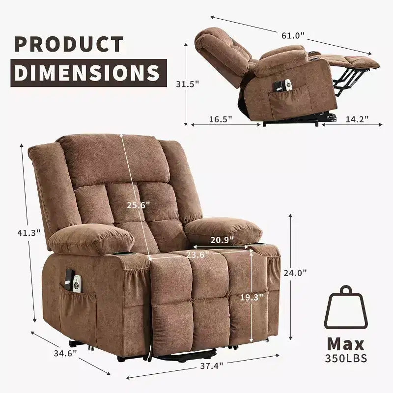 Fauteuil inclinable releveur avec massage, porte-gobelets et poches de rangement - 158 kg