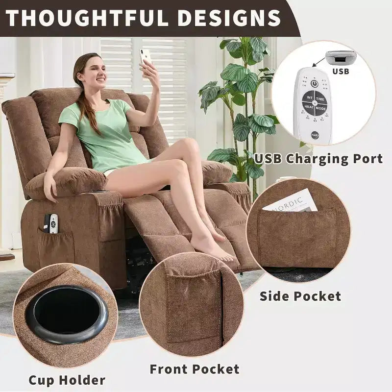 Fauteuil inclinable releveur avec massage, porte-gobelets et poches de rangement - 158 kg
