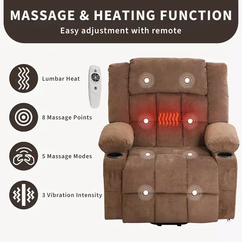 Fauteuil inclinable releveur avec massage, porte-gobelets et poches de rangement - 158 kg