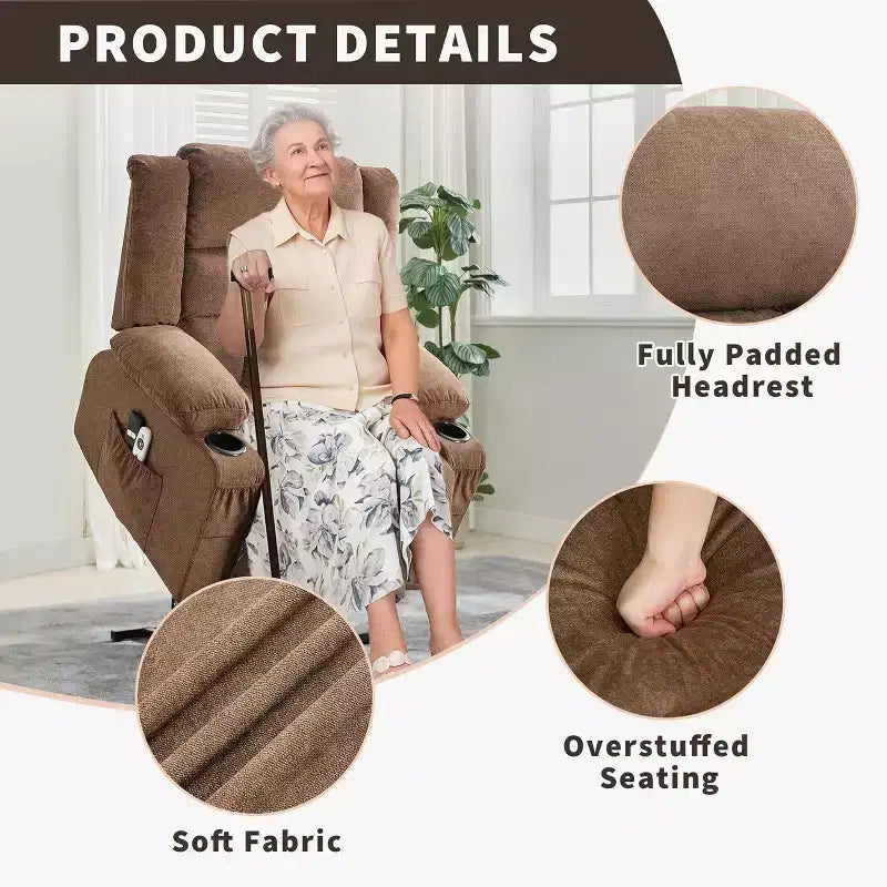 Fauteuil inclinable releveur avec massage, porte-gobelets et poches de rangement - 158 kg