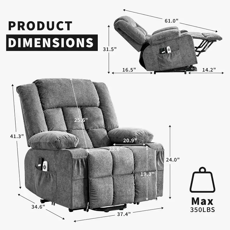 Fauteuil inclinable releveur avec massage, porte-gobelets et poches de rangement - 158 kg