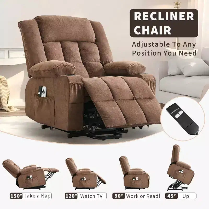 Fauteuil inclinable releveur avec massage, porte-gobelets et poches de rangement - 158 kg