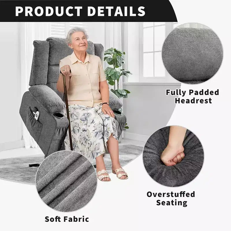 Fauteuil inclinable releveur avec massage, porte-gobelets et poches de rangement - 158 kg