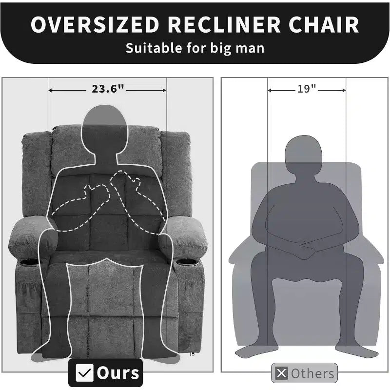 Fauteuil inclinable releveur avec massage, porte-gobelets et poches de rangement - 158 kg