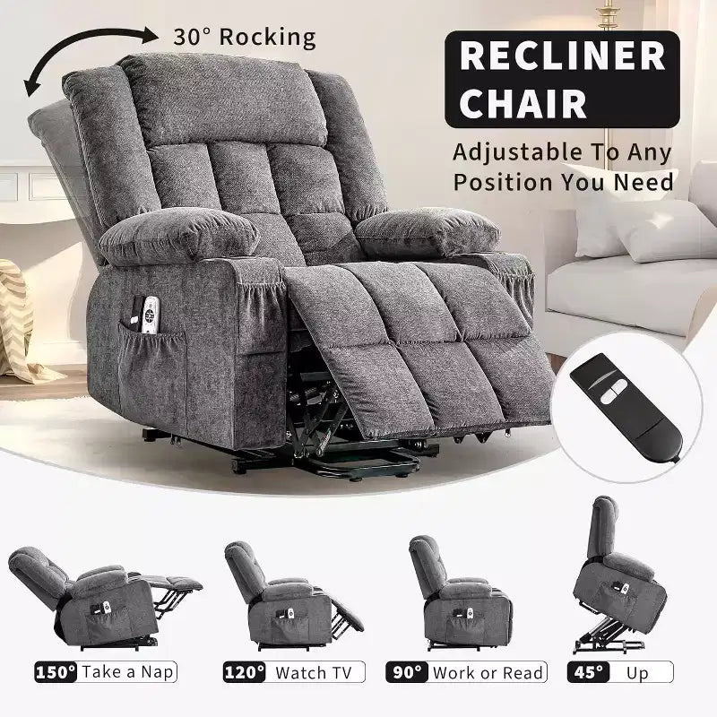 Fauteuil inclinable releveur avec massage, porte-gobelets et poches de rangement - 158 kg