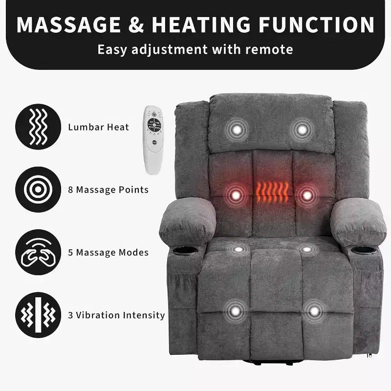 Fauteuil inclinable releveur avec massage, porte-gobelets et poches de rangement - 158 kg