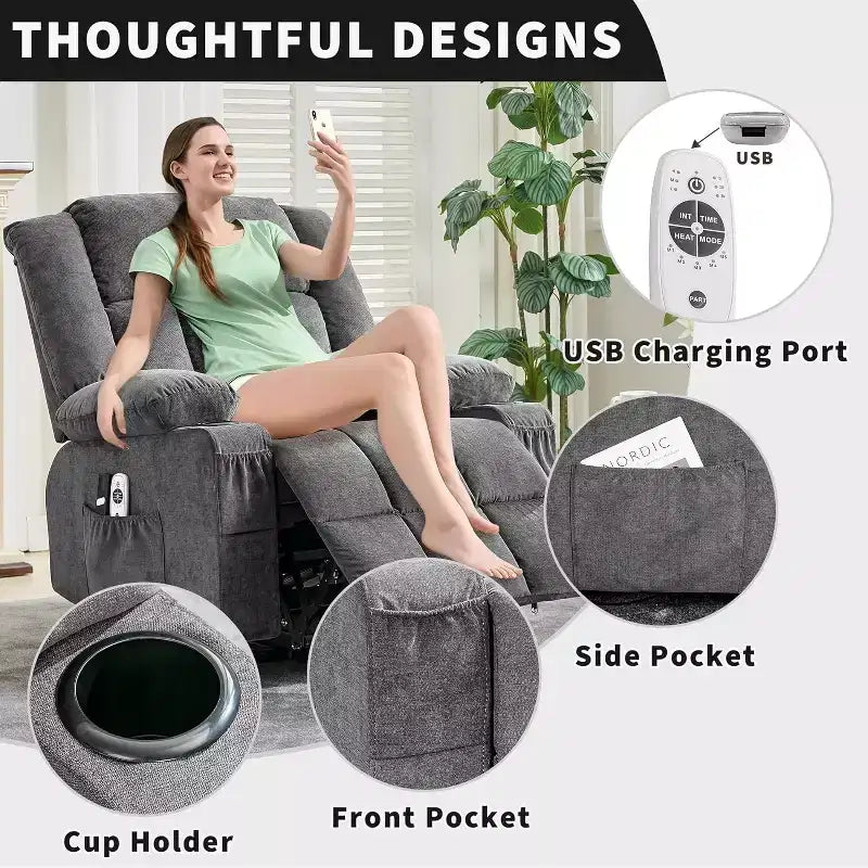 Fauteuil inclinable releveur avec massage, porte-gobelets et poches de rangement - 158 kg