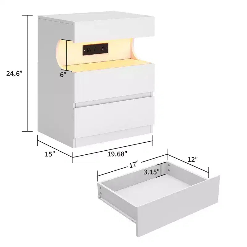 Table de chevet intelligente blanche avec lumières LED contrôlées par application et station de charge, avec 3 tiroirs pour chambre à coucher