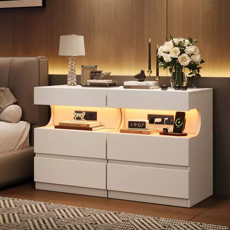 Table de chevet intelligente blanche avec lumières LED contrôlées par application et station de charge, avec 3 tiroirs pour chambre à coucher
