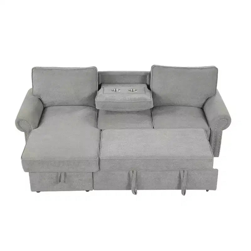 Canapé d'angle en tissu de 241 cm avec méridienne de rangement, dossier rabattable et porte-gobelets