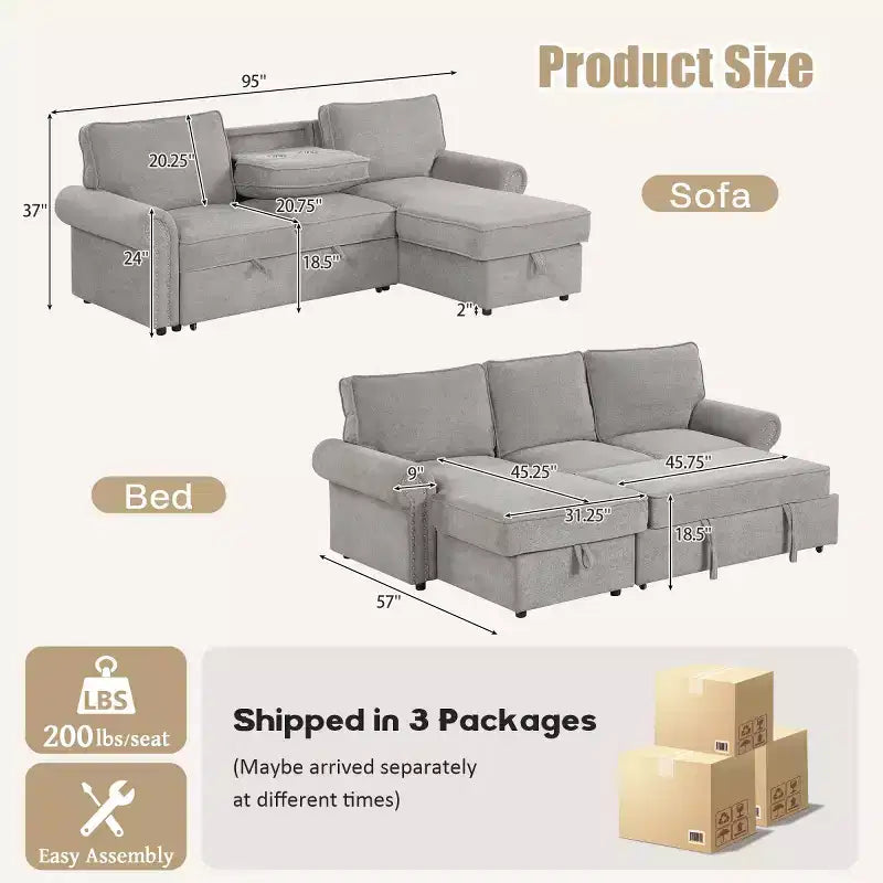 Canapé d'angle en tissu de 241 cm avec méridienne de rangement, dossier rabattable et porte-gobelets