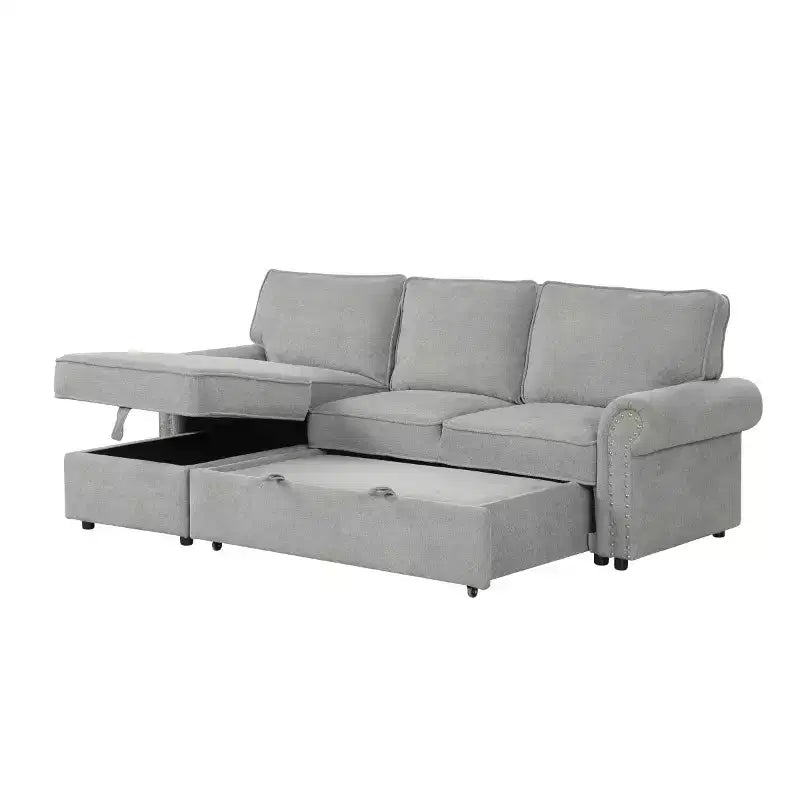 Canapé d'angle en tissu de 241 cm avec méridienne de rangement, dossier rabattable et porte-gobelets