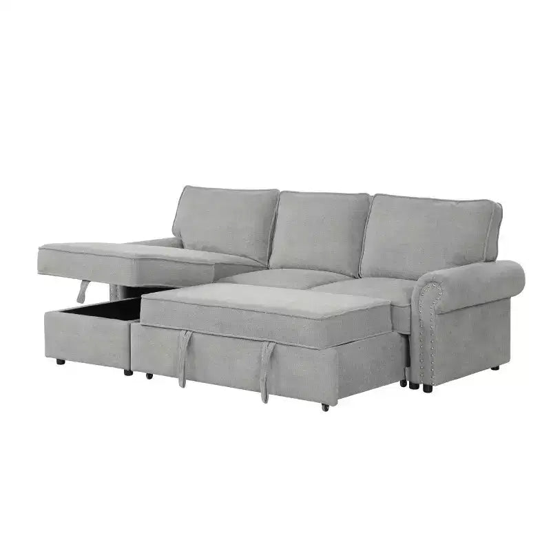 Canapé d'angle en tissu de 241 cm avec méridienne de rangement, dossier rabattable et porte-gobelets