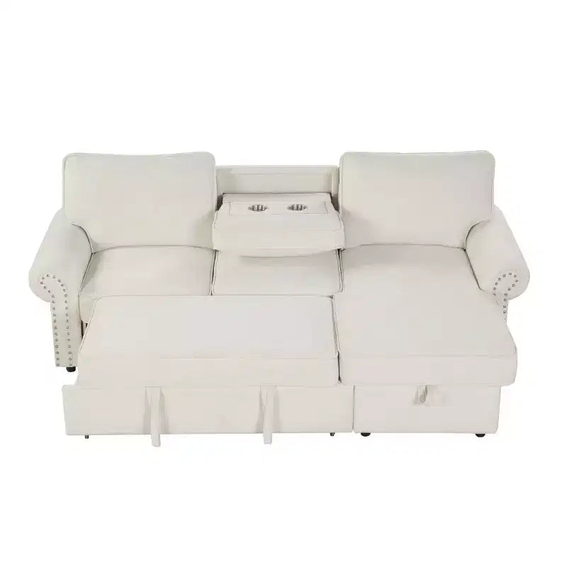 Canapé d'angle en tissu de 241 cm avec méridienne de rangement, dossier rabattable et porte-gobelets