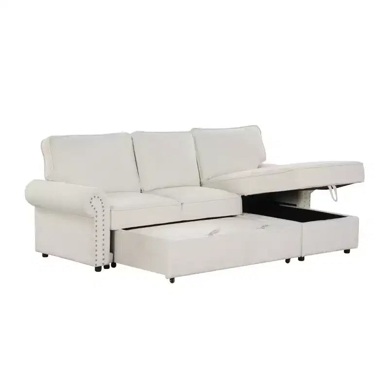 Canapé d'angle en tissu de 241 cm avec méridienne de rangement, dossier rabattable et porte-gobelets