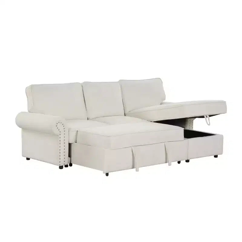 Canapé d'angle en tissu de 241 cm avec méridienne de rangement, dossier rabattable et porte-gobelets