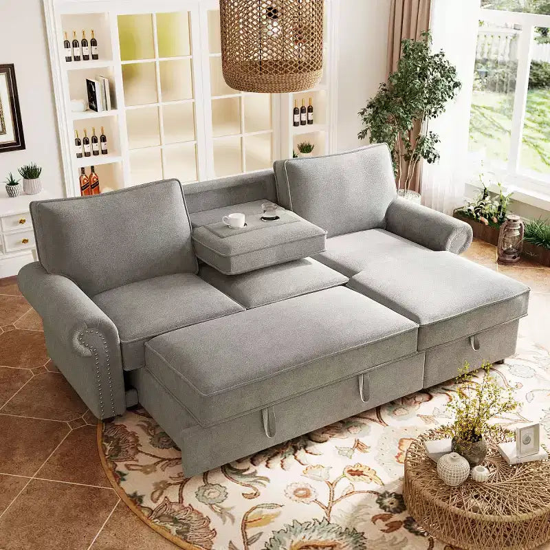Canapé d'angle en tissu de 241 cm avec méridienne de rangement, dossier rabattable et porte-gobelets