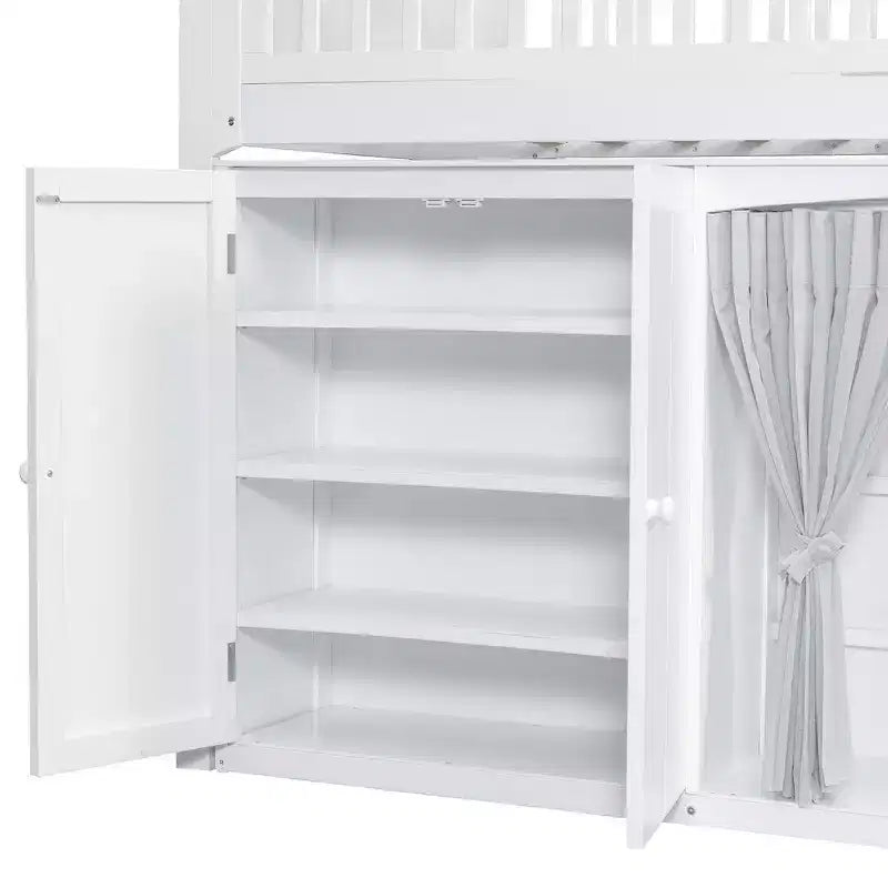 Lit mezzanine simple avec armoire de rangement, penderie et étagères ouvertes - Pin massif, 180 kg