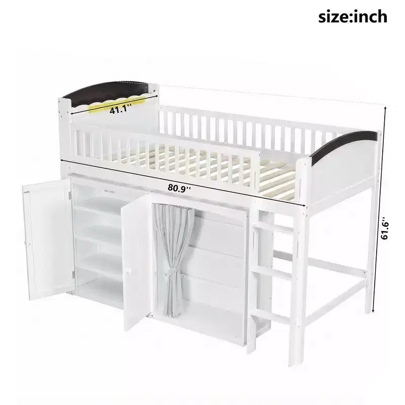 Lit mezzanine simple avec armoire de rangement, penderie et étagères ouvertes - Pin massif, 180 kg