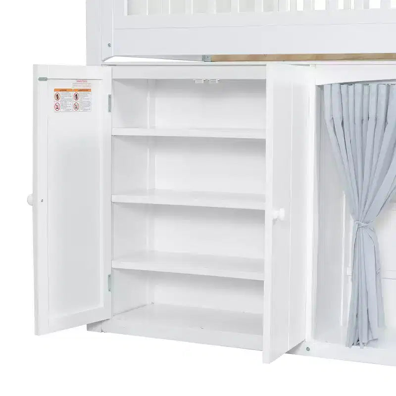 Lit mezzanine simple avec armoire de rangement, penderie et étagères ouvertes - Pin massif, 180 kg
