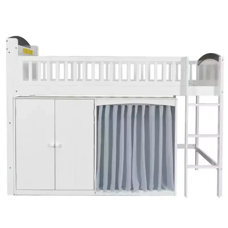 Lit mezzanine simple avec armoire de rangement, penderie et étagères ouvertes - Pin massif, 180 kg