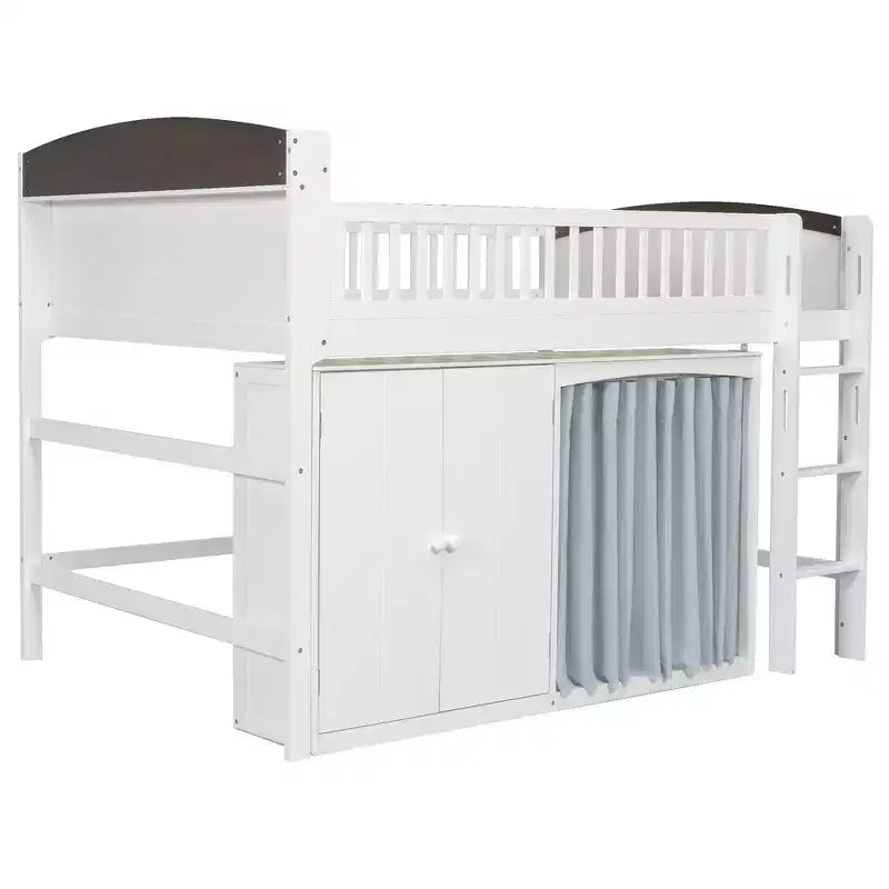 Lit mezzanine simple avec armoire de rangement, penderie et étagères ouvertes - Pin massif, 180 kg