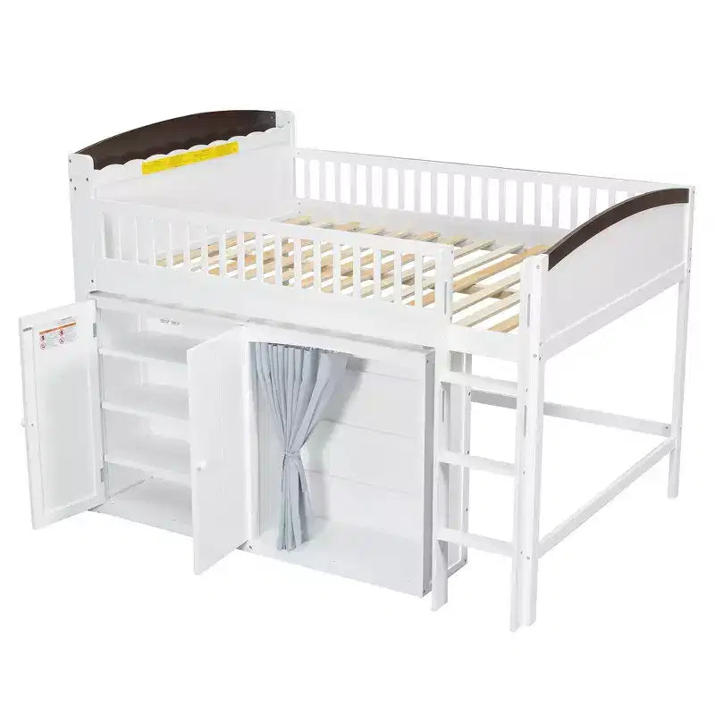 Lit mezzanine simple avec armoire de rangement, penderie et étagères ouvertes - Pin massif, 180 kg