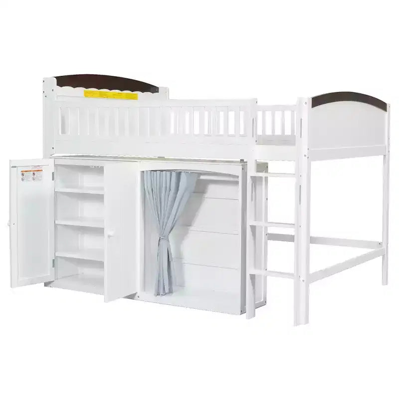 Lit mezzanine simple avec armoire de rangement, penderie et étagères ouvertes - Pin massif, 180 kg