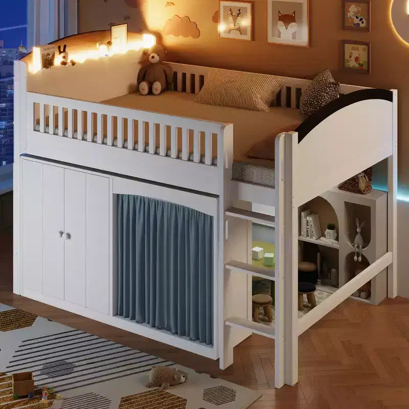 Lit mezzanine simple avec armoire de rangement, penderie et étagères ouvertes - Pin massif, 180 kg